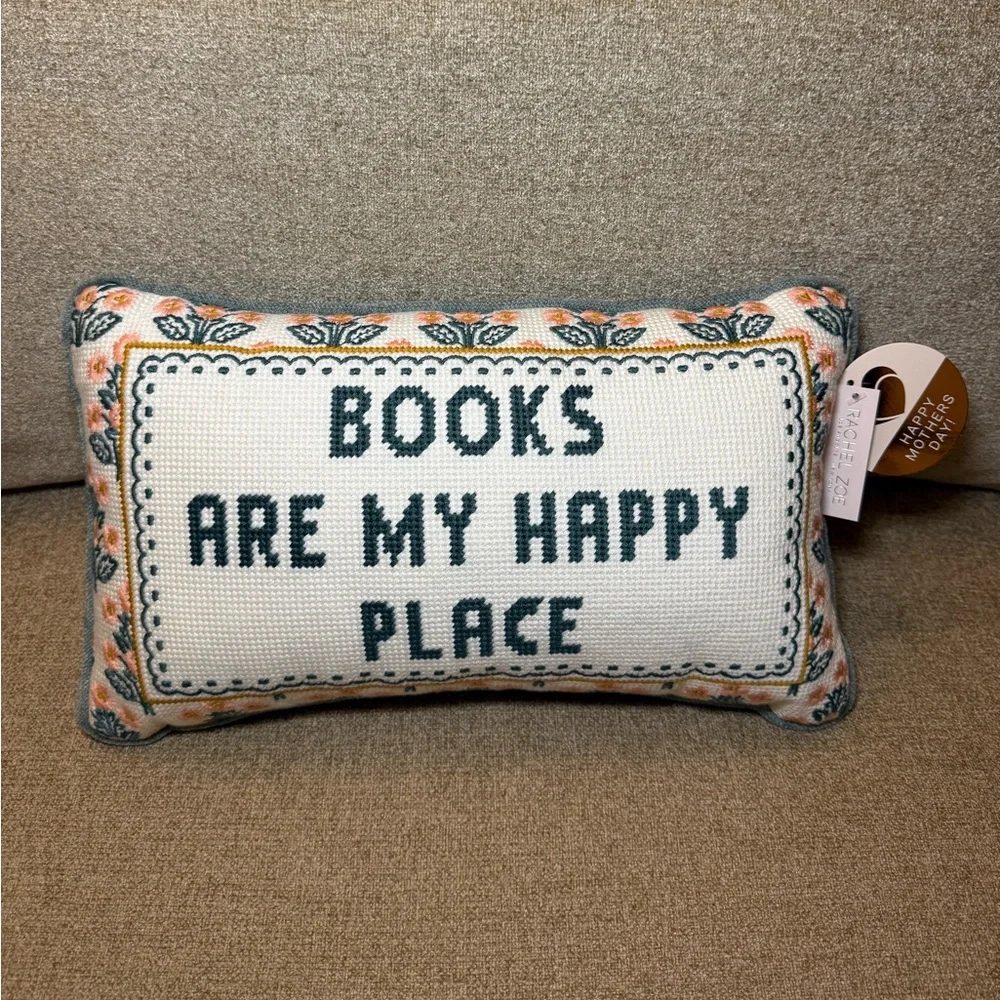 Books Are My Happy Place Rachel Zoe White Blue Floral Needlepoint Pillow NWT New
